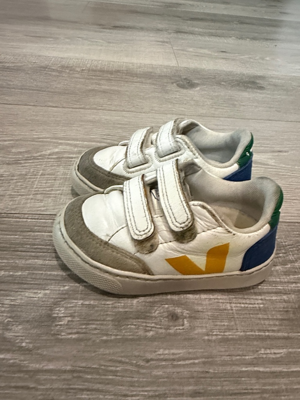 Veja Kids White Sneakers with Yellow V and Blue/Green Heel